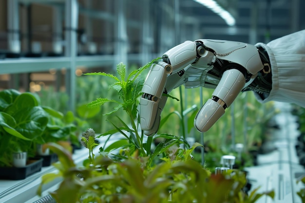 Photo robot touching plant for advanced robotic gardening and futuristic plant care technology