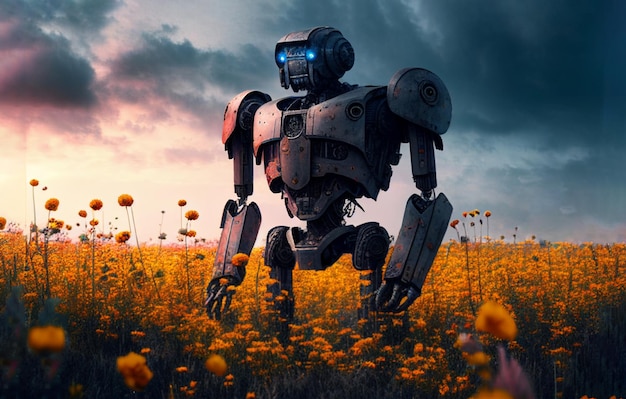 Robot transformer walking in the field of flowers Generative AI illustration