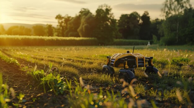 Photo a robot traverses a field at sunset representing the intersection of agriculture and cuttingedge robotic technology in modern farming