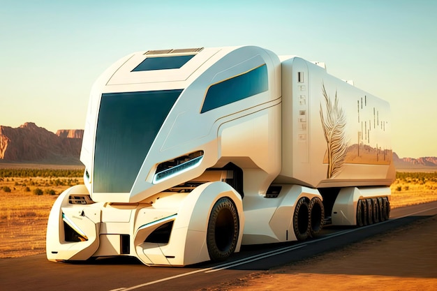 Robot truck for autonomous cargo transportation of the future rides on highway generative ai