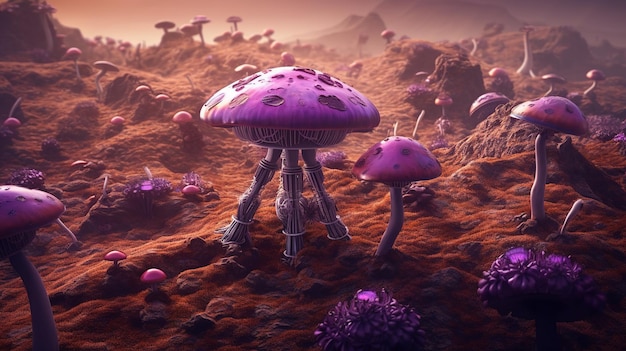 A robot uses mycelium to construct mushroom habitats for life to thrive Generative AI A violet hue