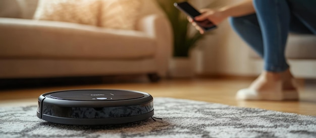 Photo robot vacuum cleaner cleaning the carpet in a modern living room