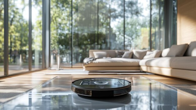 Robot Vacuum Cleaner on Glass Table in Modern Living Room