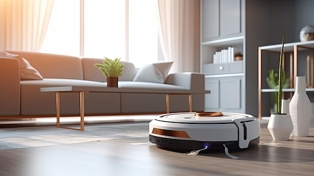 A robot vacuum cleaner in a living room.