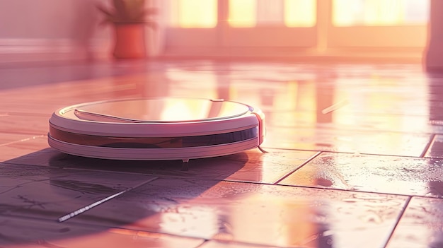 A robot vacuum cleaner sits on a tile floor