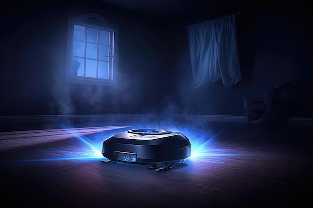 Robot vacuum with led lights illuminating dark room created with generative ai