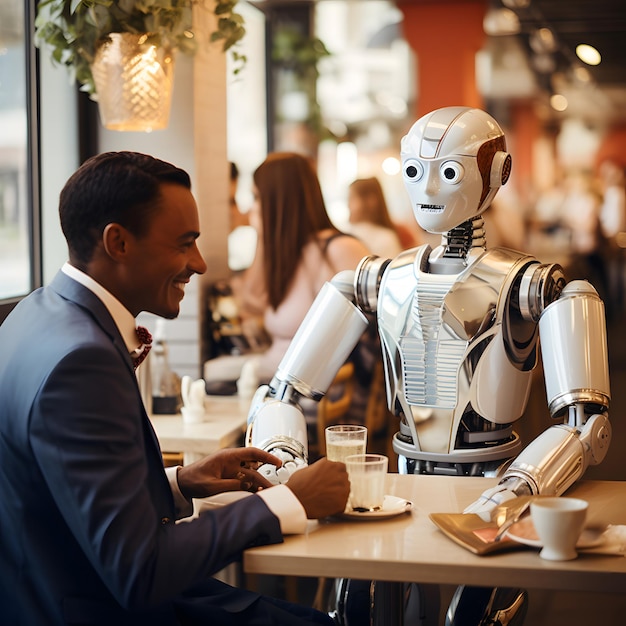 a robot waiter in a cafe talks to an AfricanAmerican visitor sitting at a table Automated machines replace simple labor