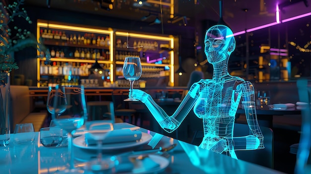 Robot Waiter Serving a Glass of Wine in a Modern Restaurant