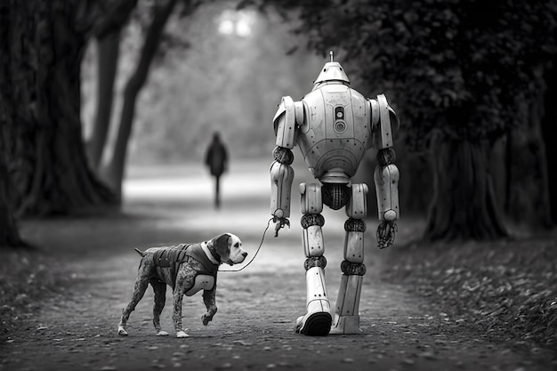 A robot walks a dog on a leash in a park.