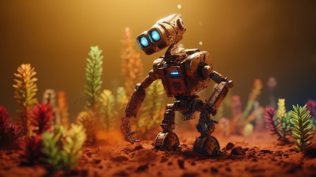 A robot walks through the desert with plants in the background.