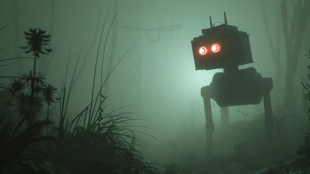 Photo the robot walks through the tall grass its red eyes glowing in the darkness it is a strange and eerie sight