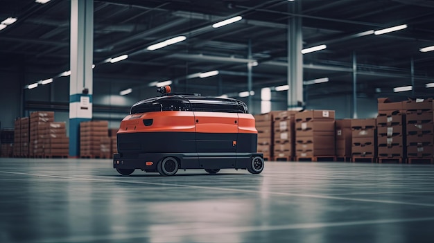 A robot in a warehouse with boxes on the floor