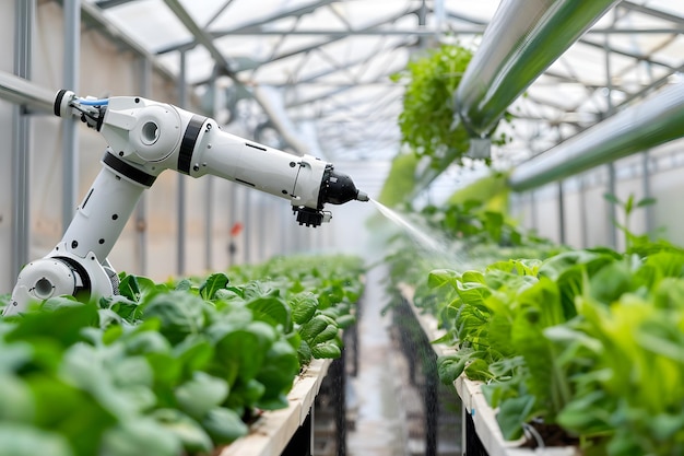 a robot watering vegetables in a greenhouse with a hose that is spraying water