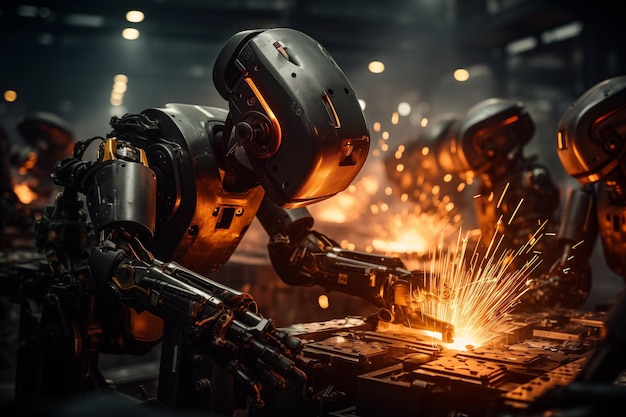 Robot welding is welding assembly part in factory firework smart industry generative ai