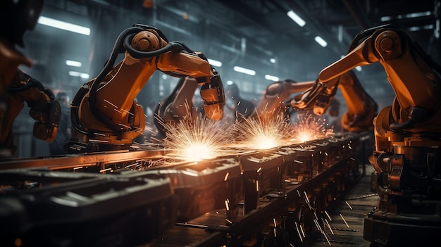 Robot welding is welding assembly part in factory firework smart industry generative ai