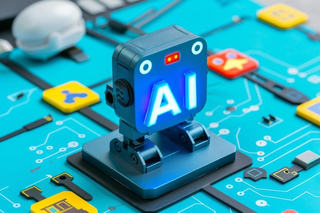 Robot with AI Interface on Circuit Board Representing Technological Innovation and Integration