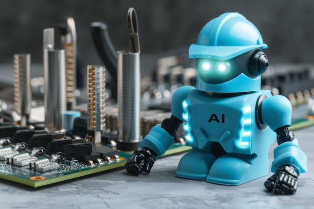 Robot with AI text on circuit board representing artificial intelligence and robotics technology