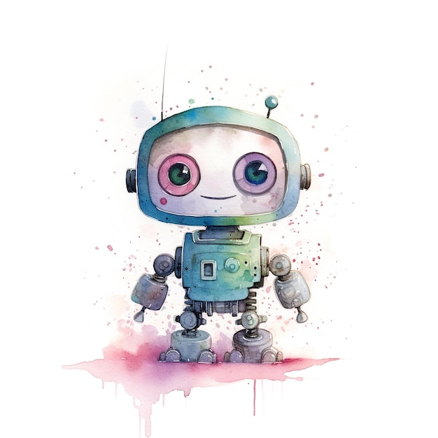 A robot with big eyes is standing in front of a watercolor painting.