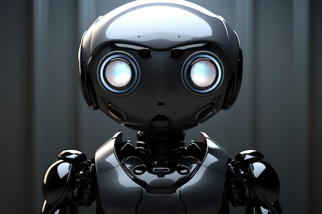 A robot with big eyes stands on a dark background