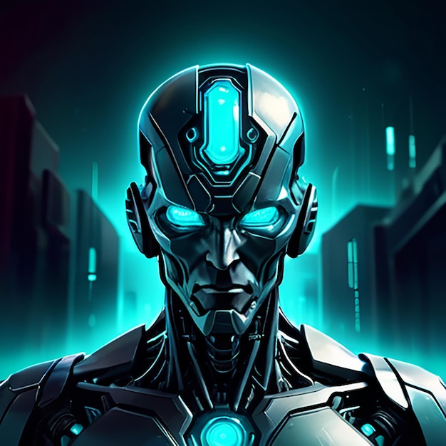 a robot with a blue background and a black and blue background