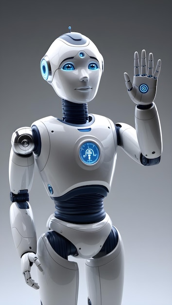 a robot with a blue button on its head and the symbol on the blue circle