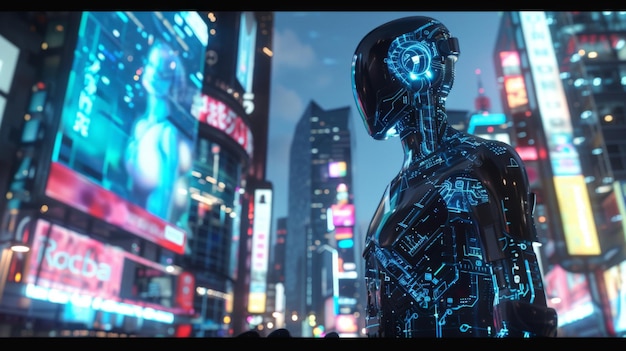 robot with blue circuits interacting in cityscape