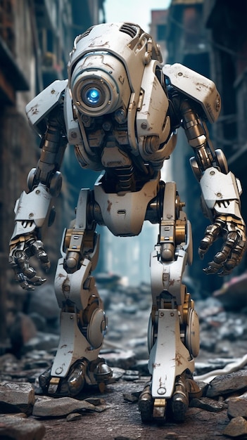 A robot with a blue eye and a white face is standing in a ruined city.