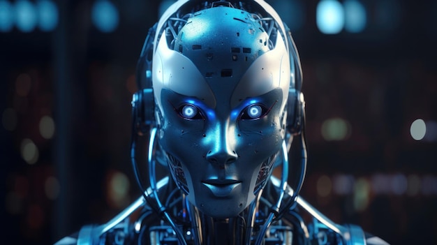 A robot with blue eyes and a black background