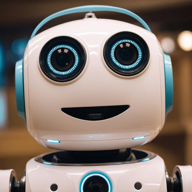 Photo a robot with blue eyes and a black nose and blue and white headphones