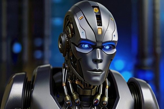 a robot with blue eyes and a blue eye