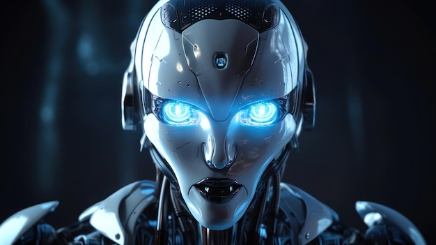 A robot with blue eyes and a blue light on his face