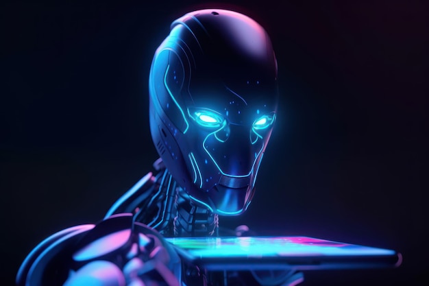 A robot with blue eyes and a neon glow on his face