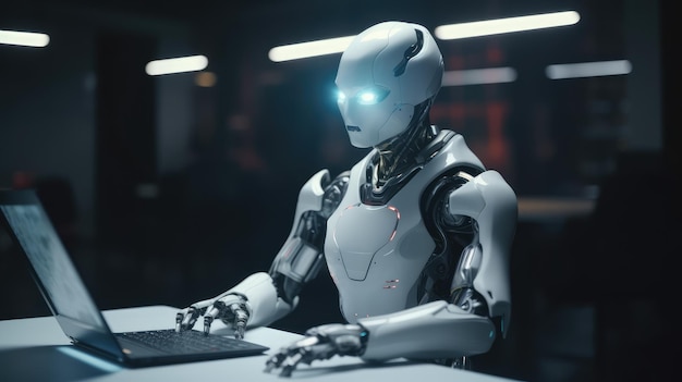 A robot with blue eyes sits at a desk with a keyboard in the background.