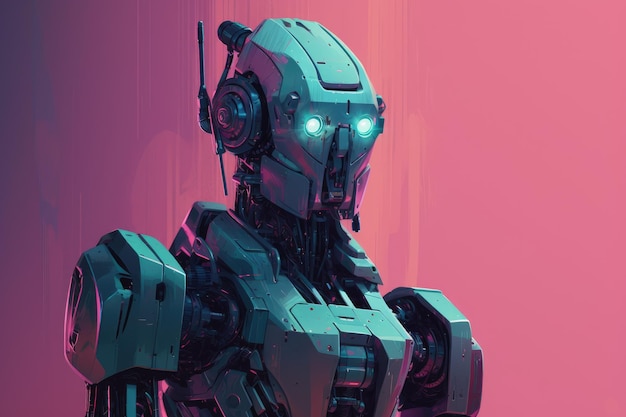 A robot with blue eyes stands in front of a pink background