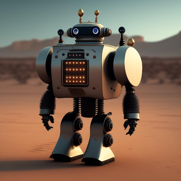 A robot with a blue face stands in the desert.