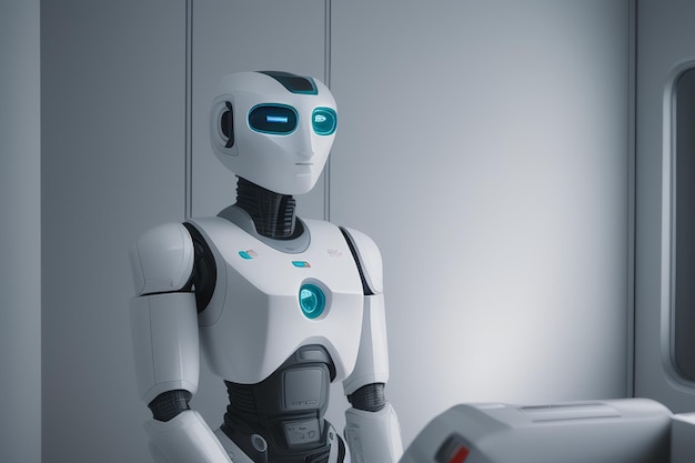 A robot with blue and green eyes stands in front of a white wall.