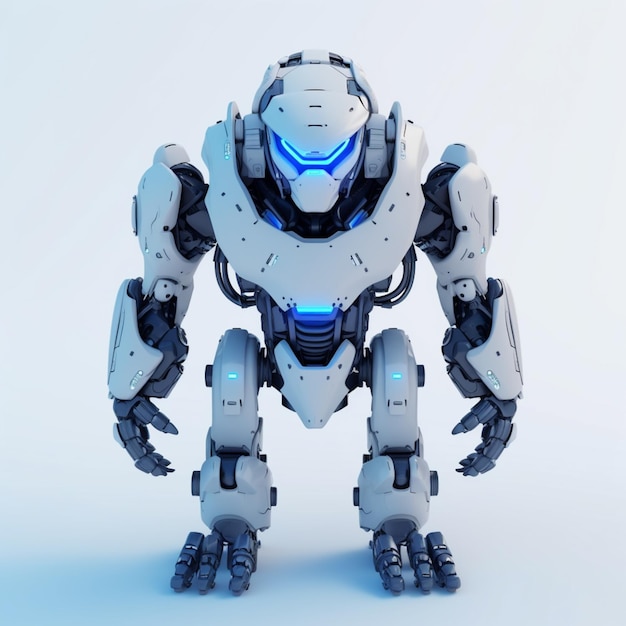 A robot with a blue light on its head stands on a white background.