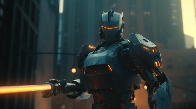 A robot with a burning gun in the background