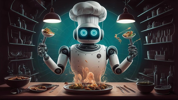 Photo a robot with a chef hat on his head holds plates of food