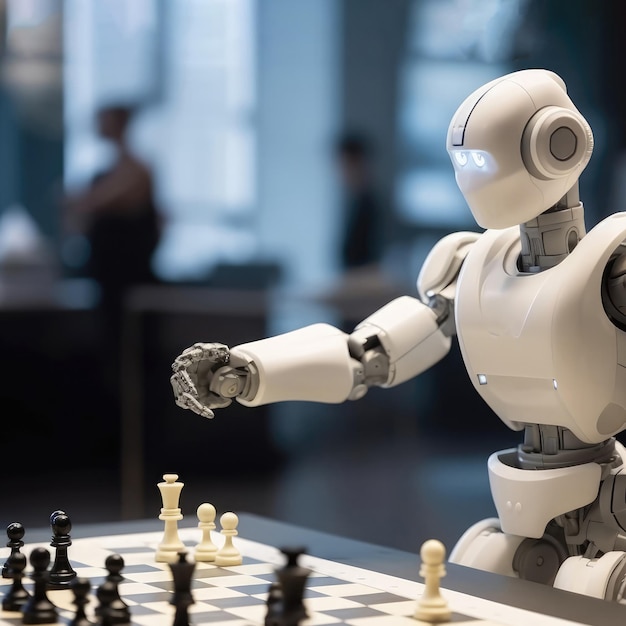 Robot With An Extendable Arm Reaching Out To Shake Hands With Human Opponent Before Game Of Chess Generative AI