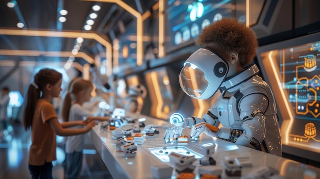 Photo a robot with a face mask on and a woman looking at a robot with the hands on the table