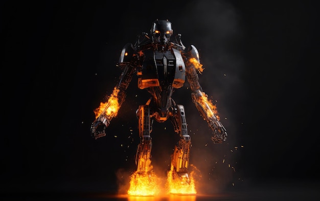 A robot with flames on his chest is lit up with the words " fire " on the front.