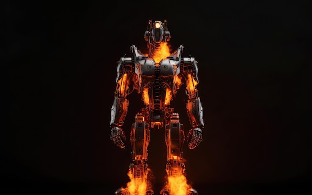 A robot with flames on it is standing in front of a black background.