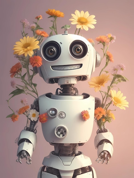 a robot with flowers and a face that says " robot ".