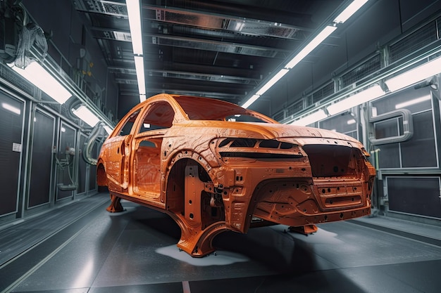 Robot with fresh coat of paint in busy automotive factory