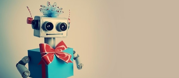 Robot with gift box and bow on blue background Generative AI