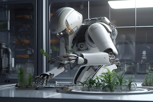 A robot with a glass table in the background is looking at plants.