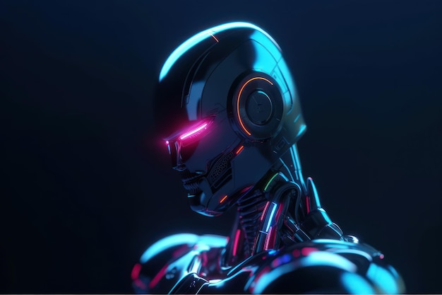 A robot with a glowing eye and a pink and blue light on the face.