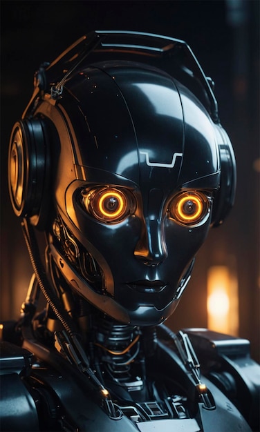 a robot with glowing eyes and headphones