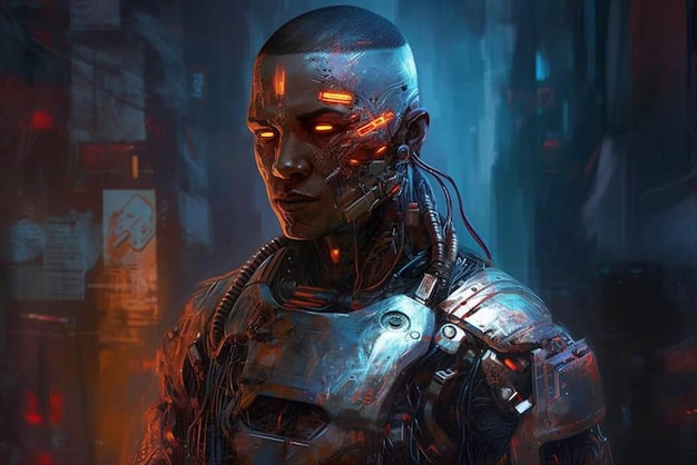 A robot with glowing eyes and a sign that says'cyberpunk'on it